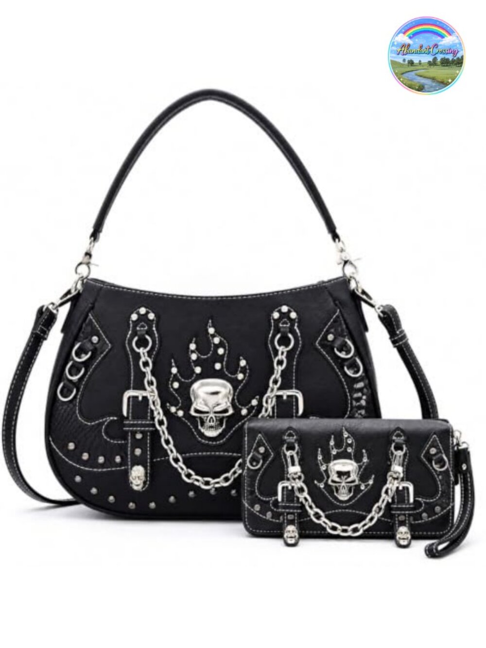 Gothic Skull Purse Wallet Set PU Leather Convertible Handbag